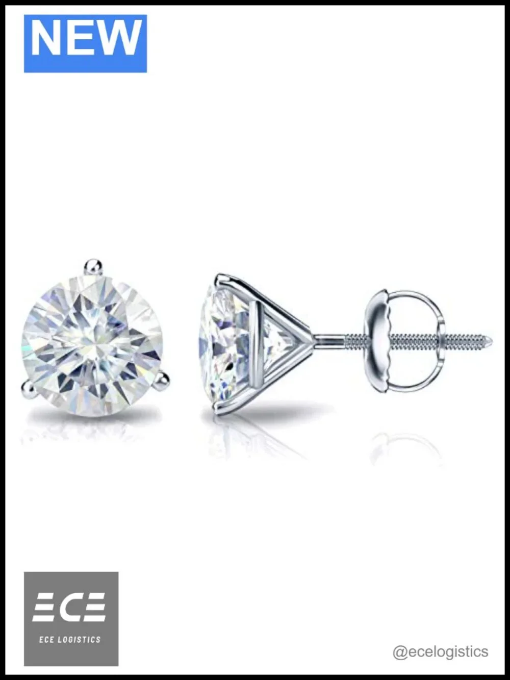 14k White Gold Moissanite Stud Earrings 2 Carat Round Cut